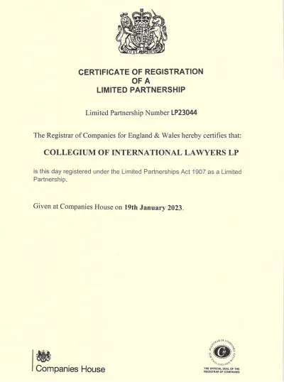 Certificate of Registration of Collegium of International Lawyers LP, Limited Partnership No. LP23044